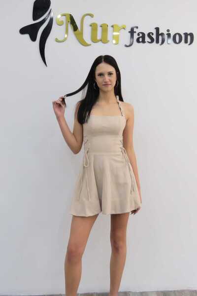 ZEDO RJVA Halter Yaka Bej Mini Elbise
