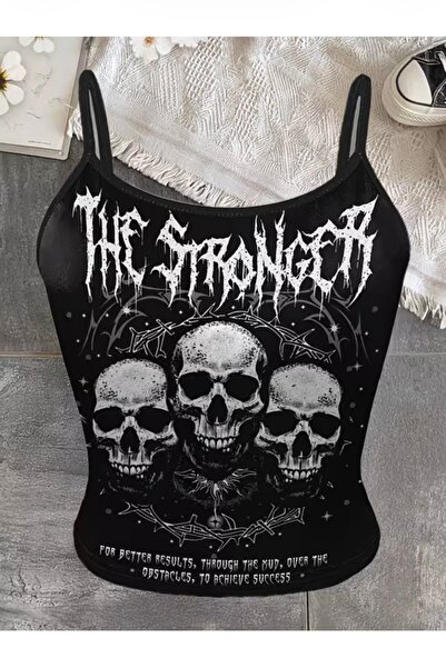 Köstebek Siyah The Stronger Gothic Y2K Askılı Crop Bluz