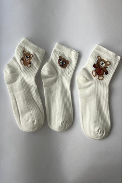 Admera premium Kadın Beyaz Ayıcıklı Kolej Çorabı Teddy Bear Nakışlı Fitilli P...