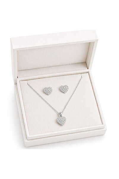 Metay Silver Zirkon Taşlı Küpe Ve Kolye 925 Ayar Gümüş Kalp Set