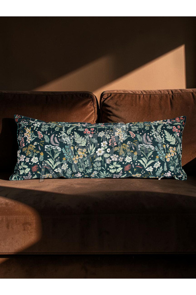 Mini Çiçekler Kırlent Kılıfı - Premium Keten - 75X30 cm - Uzun Yastık Kılıfı - Gizli Fermuarlı - Botanik Stil