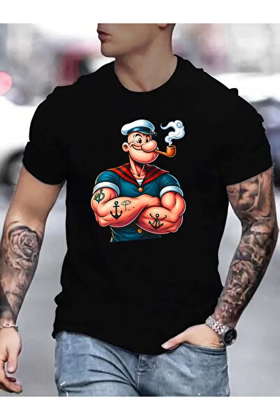 yiou trendy clothing تي شيرت كلاسيكي للرجال من بوباي كارتون، أسود اللون، بأكم...