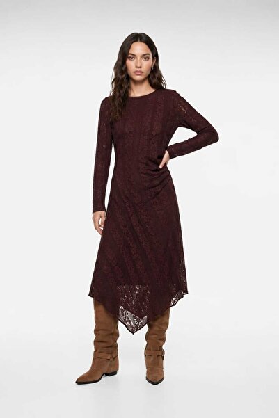 Foola Moda Kadın Bordo Dantelli Uzun Kollu Asimetrik Kesim Astarlı Abiye Elbise