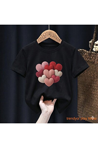 playwear Детска унисекс тениска с плетени щамповани малки сърца, 100% памук, ...
