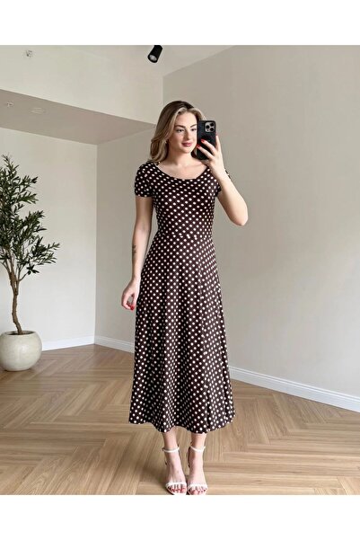 khar Γυναικείο φόρεμα με πουά στην πλάτη, μίντι μήκος, κοντό μανίκι, καλοκαιρ...