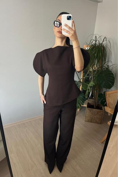 Kahverengi Asimetrik Bluz Pantolon Takım