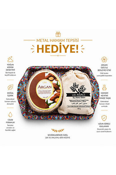 OENS Argan Yağlı Süngerli Sabun Hamam Seti İkili Tepsi Hediyeli