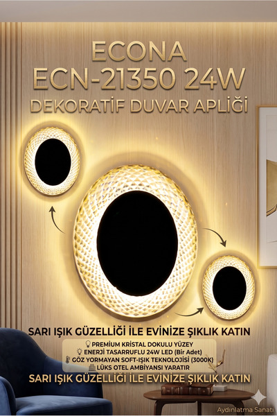 ECONA 24W Dekoratif Kristal Dokulu LED Duvar Apliği - 3000K Gün Işığı Modern ...
