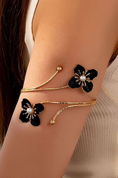 Parantez Aksesuar Pearl Detailed Flower Themed Armcuff Gold Women's Pazu Brac...