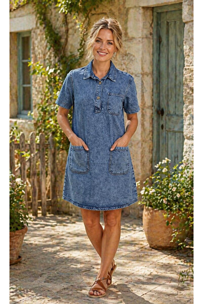 STYLENEST Kadın Mavi Kot Elbise Kısa Kollu Cep Detaylı Günlük Denim Elbise Ya...