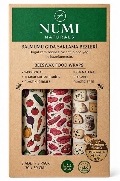 NUMI Naturals Kahvaltı Tazelik Seti 3’lü 30x30 cm Balmumu Gıda Saklama Bezi