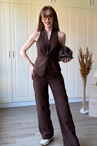 Dilay Gökoğlu Butik Set bluză și pantaloni din in, cu detaliu nod la față