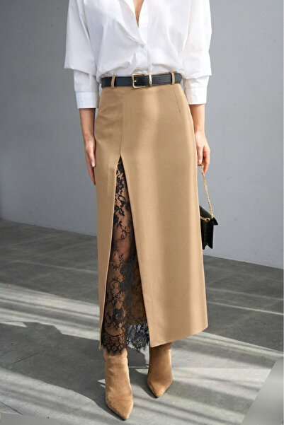 Lovely butik Γυναικεία μάξι φούστα με σκίσιμο, δαντέλα και λεπτομέρεια στη ζώνη