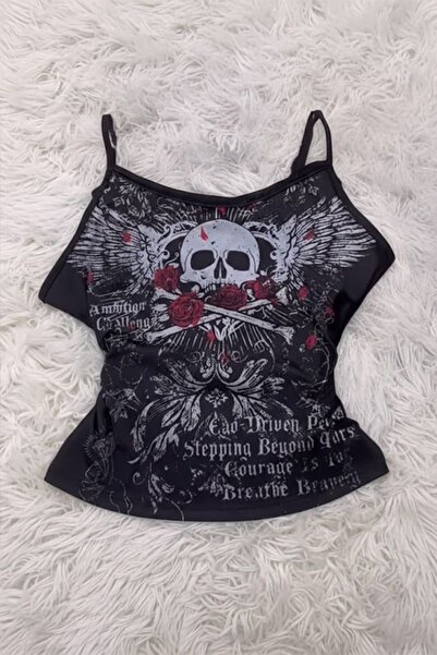 Köstebek Siyah Skull Ambition Gotik Rose Y2K Askılı Crop Bluz
