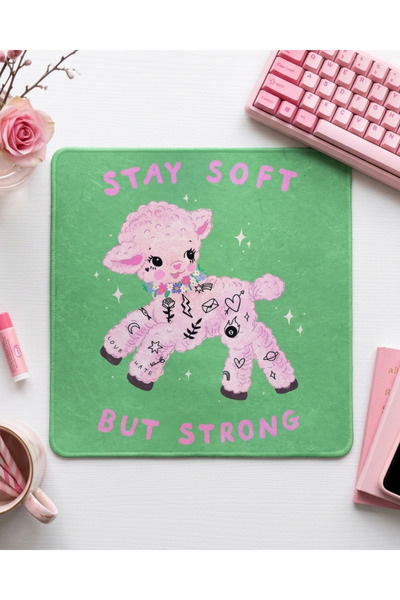 matizya Stay Soft But Strong Kare Mousepad – Cute Kuzu Tasarımlı Pembe Yeşil ...