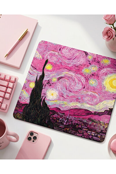 matizya Pembe Yıldızlı Gece Sanatsal Mousepad – Aesthetic Van Gogh Tarzı Dese...