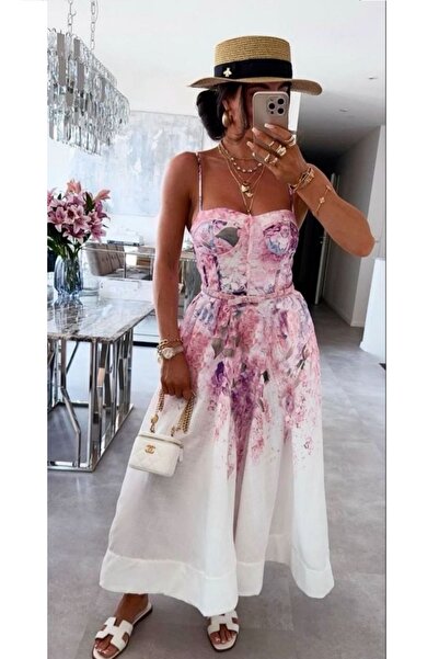 S&A Collectionn Γυναικείο λινό φόρεμα με λουλούδια, με ζώνη και επένδυση, μήκ...