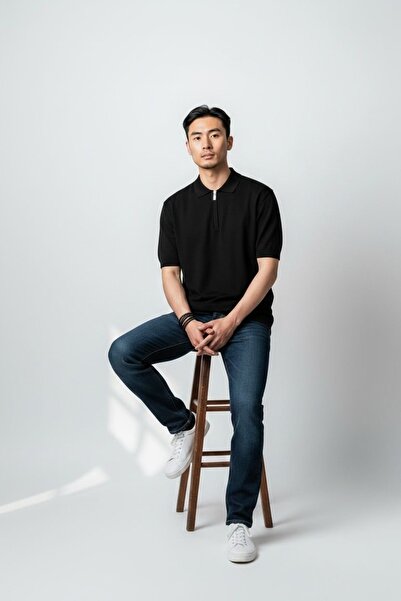 oraystore Ανδρικό μπλουζάκι πόλο με φερμουάρ από μαύρο βαμβάκι που αναπνέει