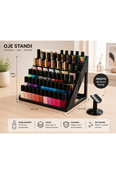 Pienar PJO-08 5 Katlı Oje Standı | Oje Organizer Raf | 50-60 Kapasiteli Masaü...