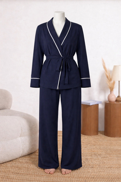 XICCOO Şerit Detaylı Kuşaklı Kadın Pijama Takımı lacivert