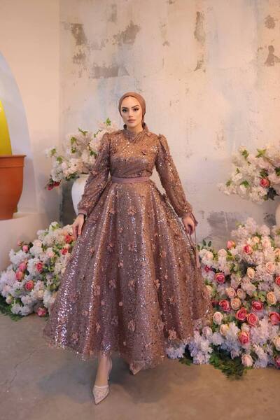 asyadabutik Γυναικείο Ροζ Φόρεμα με Λεπτομέρεια Ροζέτα στη Μέση, Μεγάλο Μέγεθ...