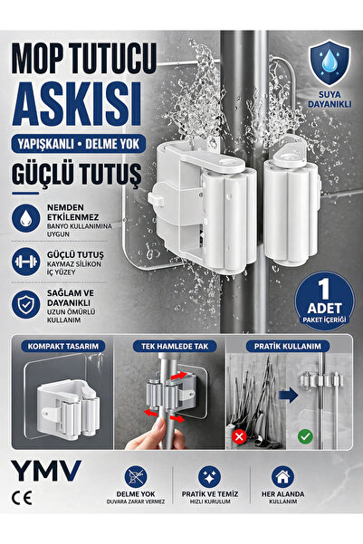 YMV Yapışkanlı Mop Tutucu Duvar Askısı Pratik Süpürge Fırça Organizer Delmede...