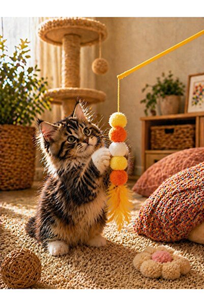 HAYHAYPETSHOP Kedi Oltası Oyuncağı Tüylü Ponponlu Renkli Kedi Oyuncağı Soluca...