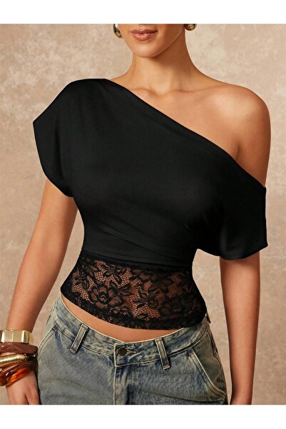 poswicon Black Batwing Sleeve Boat Neck Lace Detailed Crop Top