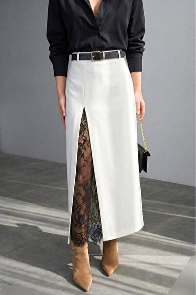 Lovely butik Γυναικεία μάξι φούστα με σκίσιμο, δαντέλα και λεπτομέρεια στη ζώνη