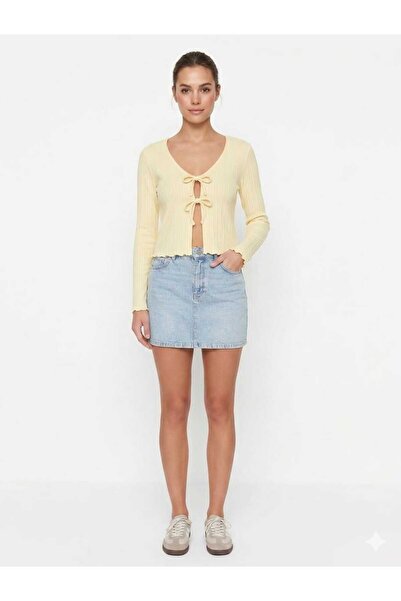 Foola Moda Sarı Fitilli Crop Bluz