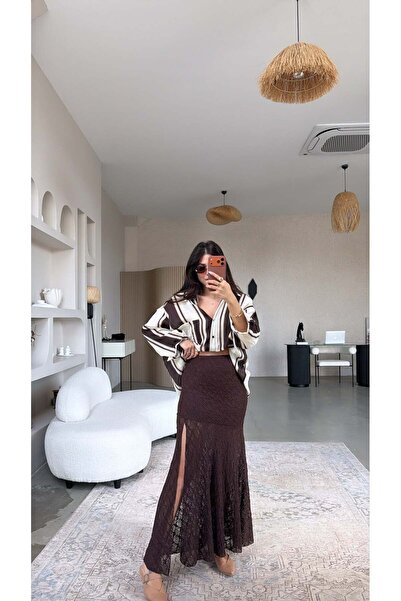 Buket Teke Καφέ ελαστική δαντελένια φούστα με σκίσιμο