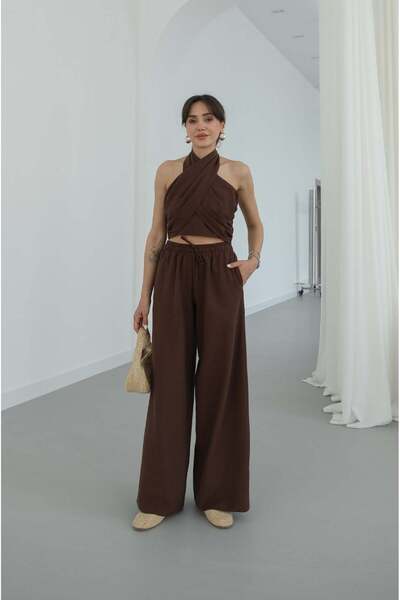 Havoş Σετ λινό με δέσιμο στο λαιμό σε απόχρωση Bitter Brown Sims