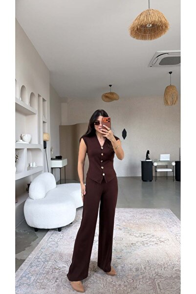 Buket Teke Καφέ Σετ Γιλέκο με Χρυσά Κουμπιά από Μοντάλ