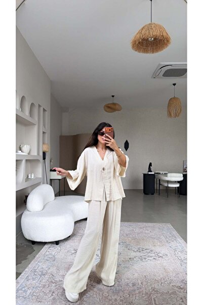 Buket Teke Μπεζ Σετ Παντελόνι και Σακάκι με Ένα Κουμπί από Τένσελ