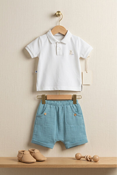 Caramell 100% Cotton Summer Baby Boy Set - Polo Collar T-Shirt and Muslin Shorts