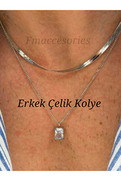 fmaccesories Erkek Çelik Kolye 316L Antialerjik ikili Taşlı İtalyan Zincirli Günlük Kombin