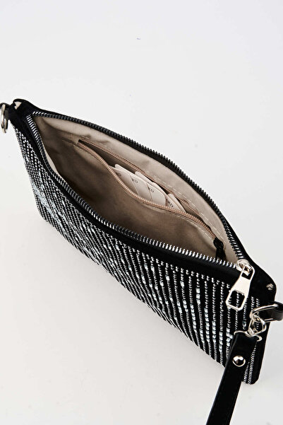 Vivaq Kadın Dikey Gümüş Taşlı Süet Bilek Askılı Ve Zincir Askılı Portföy El Ve Clutch Çanta