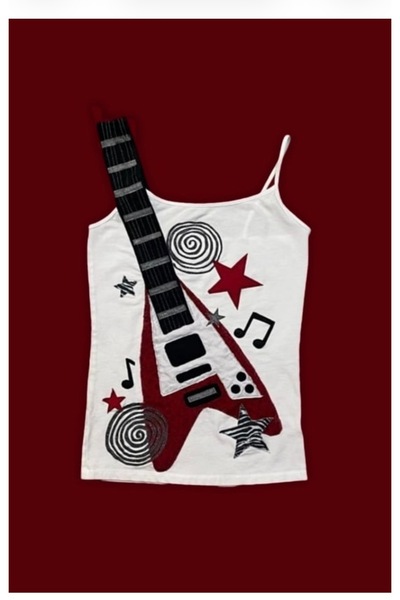 Köstebek White Blouse with Straps and Electric Guitar Pattern