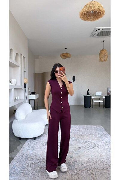 Buket Teke Βουργουνδί Κοστούμι Γιλέκο με Χρυσά Κουμπιά από Μοντάλ