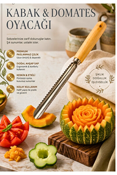 BRE HOME Lüks Ahşap Saplı Paslanmaz Çelik Kabak ve Domates Oyacağı - Sebze Şe...