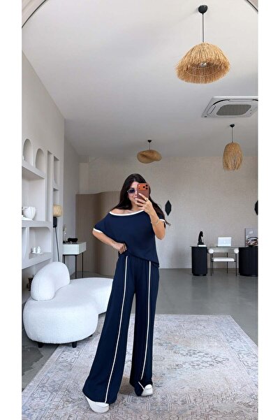 Buket Teke Set premium din modal cu dungi bleumarin