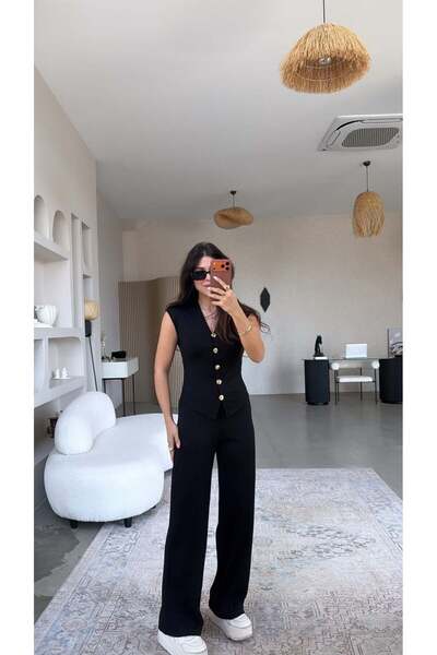 Buket Teke Μαύρο Σετ Γιλέκο με Χρυσά Κουμπιά από Μοντάλ