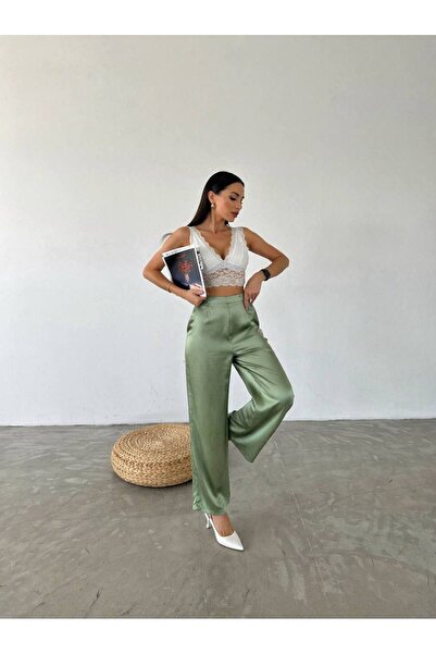 MIZUKI Women's High-Waisted Satin Trousers - Stylish Wide-Leg Palazzo Pants
