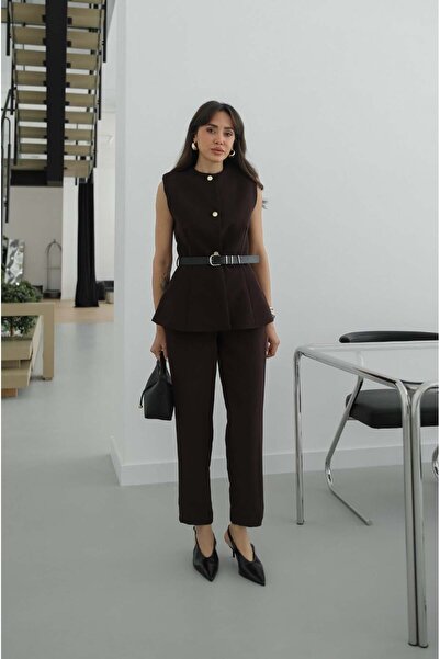 Havoş Καφέ Σετ Παντελόνι με Ζώνη και Γιλέκο