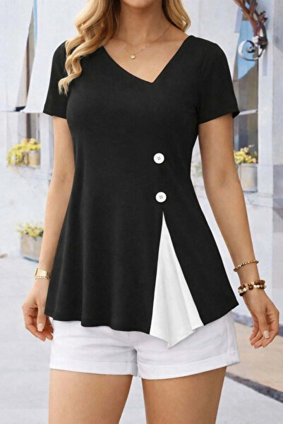 Butik Women's Short Sleeve Asymmetrical V-Neck Button Detailed Viscose Blouse