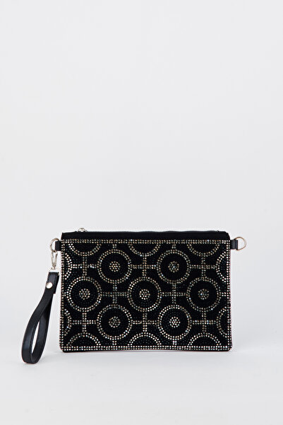 Vivaq Γυναικεία τσάντα χειρός και clutch από χρυσό σουέντ με πέτρες, με λουρά...