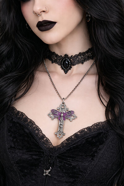HER ŞEY NOTA www.herseynota.com Gotik Butterfly Detaylı Mor İşlemeli Haç Koly...