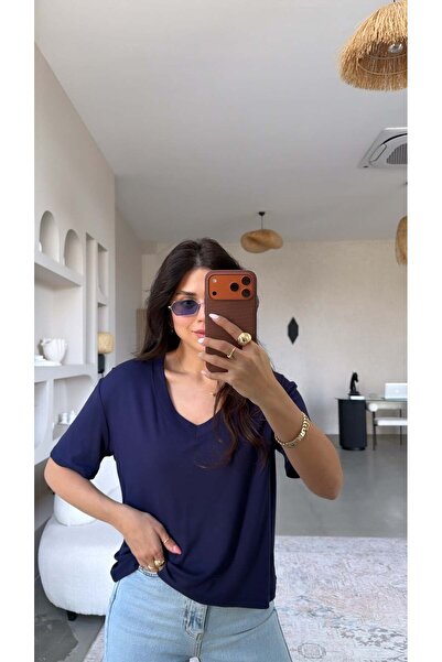 Buket Teke Navy Blue V-Neck Short Sleeve Imported Fabric Tshirt