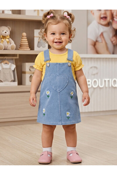 EYMİRGİYİM Daisy Embroidered Heart 2-Piece Set for Baby Girl Children's Gilet