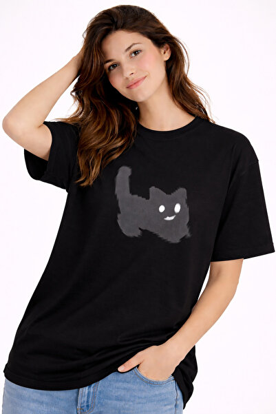 Ciel Lune Unisex Oversize T-Shirt με στάμπα γάτας, μίνιμαλ σχέδιο, 100% βαμβάκι